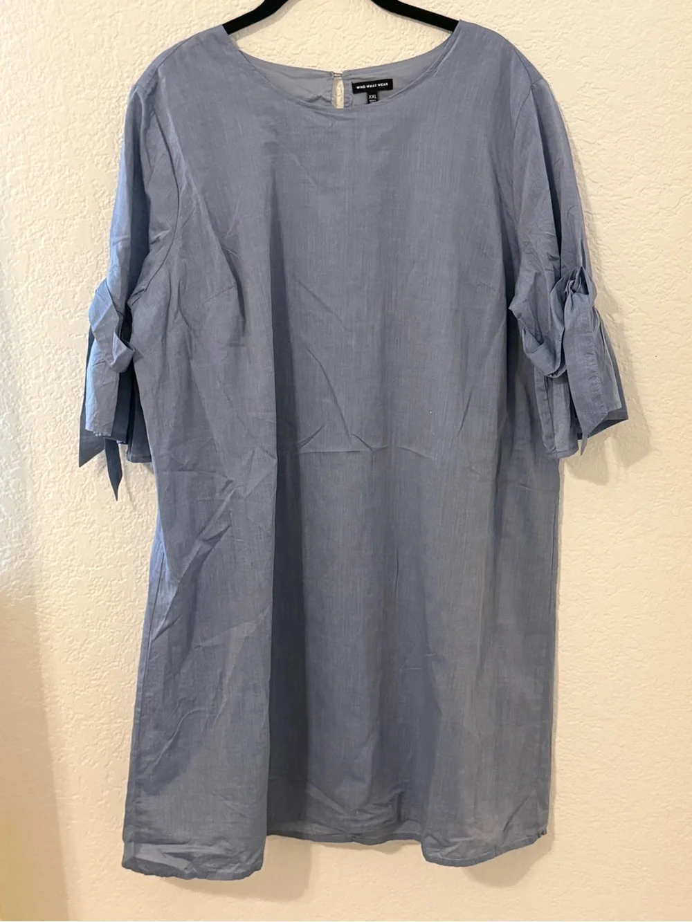 Who What Wear 100% Cotton Blue Shift Tunic Dress Tie Bell Sleeve Casual Size XXL